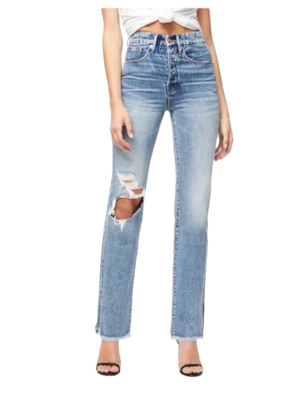 NWT Good American Good Boy Frayed and Chewed Hem Jeans Blue 316 Size 0/25